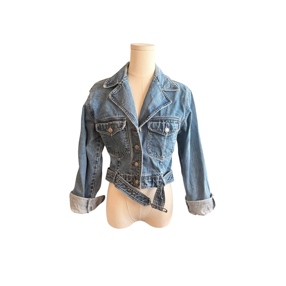 Vintage Gap Blue Denim Cropped Belted Moto Jacket 100% Cotton Medium Wash Size M